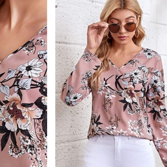 Pink Floral print v neck Top - Picture 2 of 5